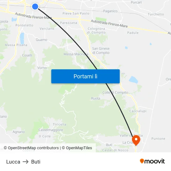Lucca to Buti map