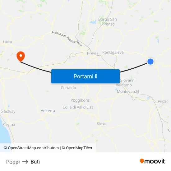 Poppi to Buti map