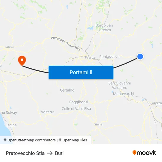 Pratovecchio Stia to Buti map