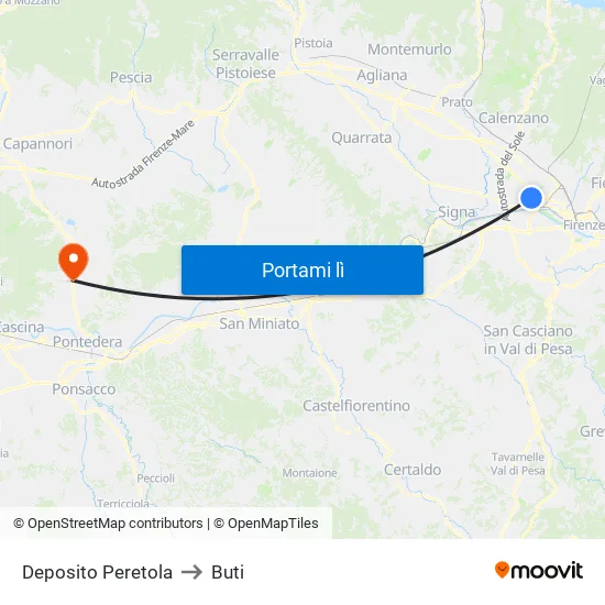 Deposito Peretola to Buti map