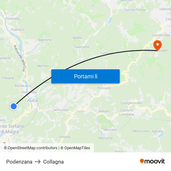 Podenzana to Collagna map