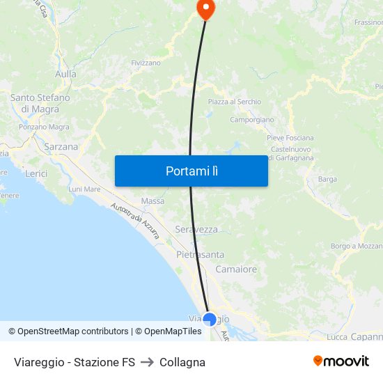Viareggio Stazione FS to Collagna map