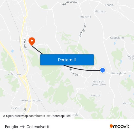 Fauglia to Collesalvetti map