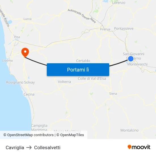 Cavriglia to Collesalvetti map