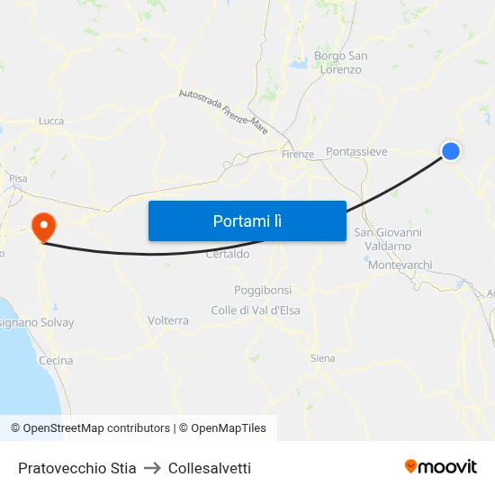 Pratovecchio Stia to Collesalvetti map