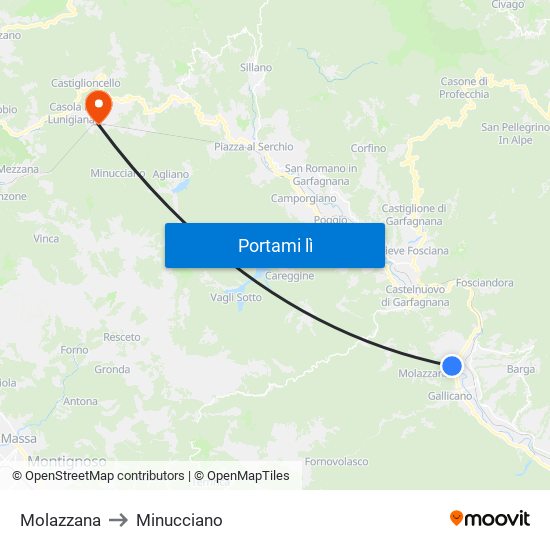 Molazzana to Minucciano map