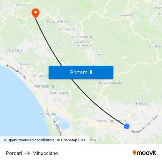 Porcari to Minucciano map