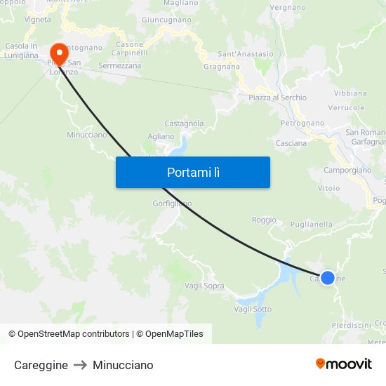 Careggine to Minucciano map