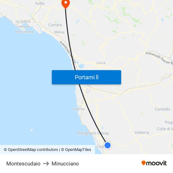 Montescudaio to Minucciano map