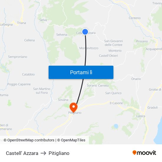 Castell' Azzara to Pitigliano map