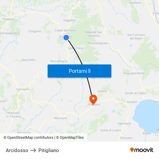 Arcidosso to Pitigliano map