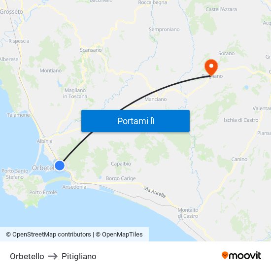Orbetello to Pitigliano map