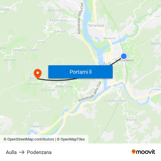 Aulla to Podenzana map