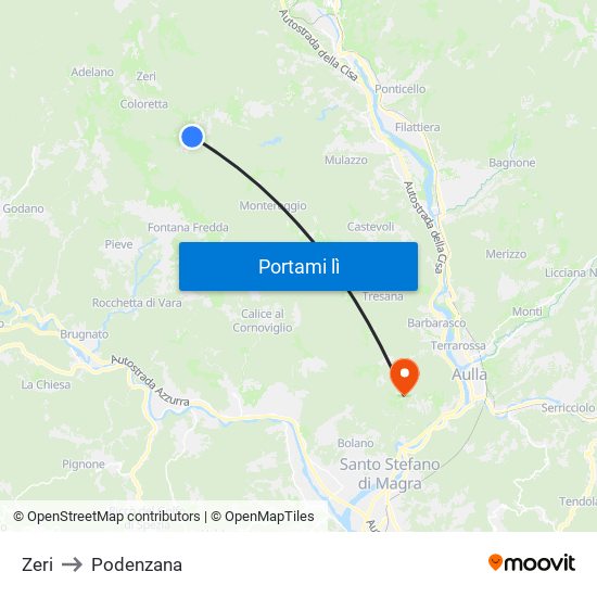 Zeri to Podenzana map