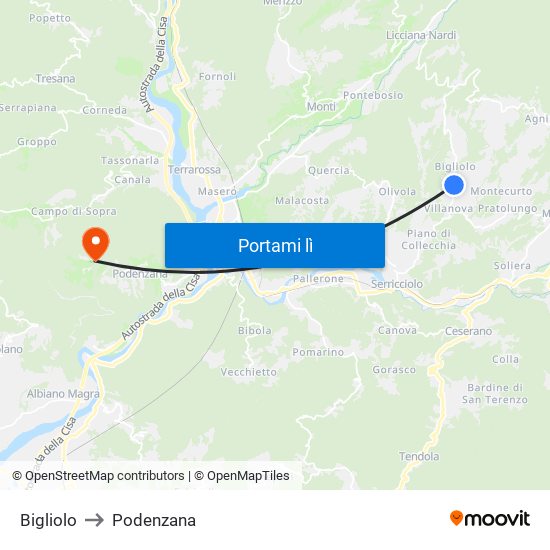 Bigliolo to Podenzana map