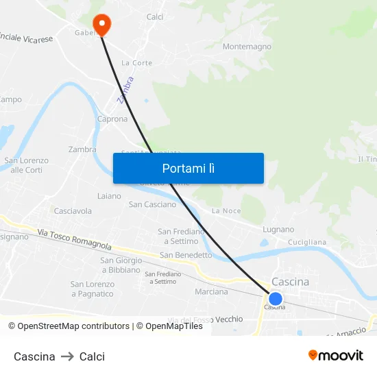 Cascina to Calci map
