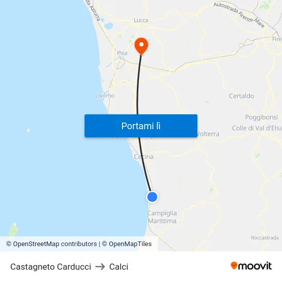 Castagneto Carducci to Calci map