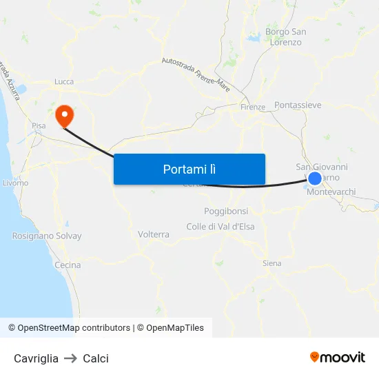 Cavriglia to Calci map