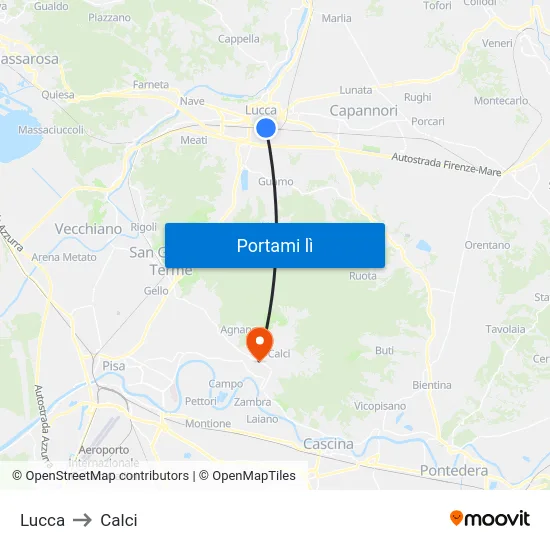 Lucca to Calci map