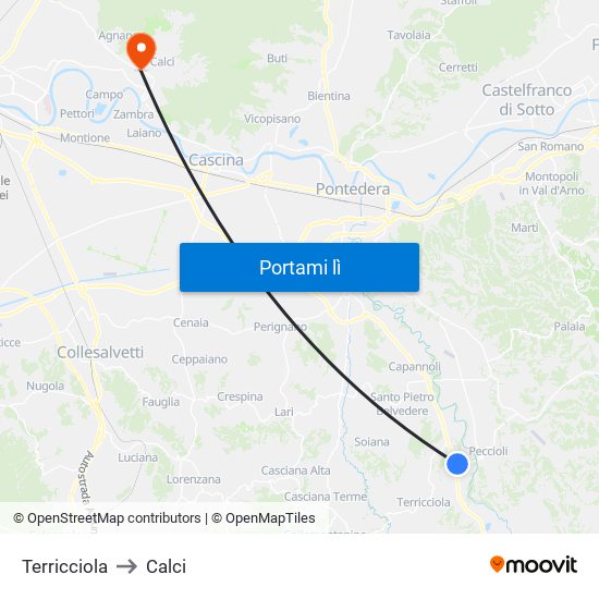 Terricciola to Calci map