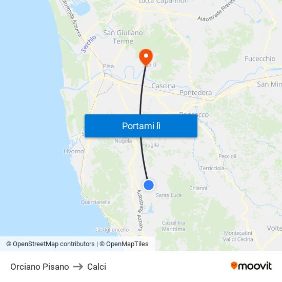 Orciano Pisano to Calci map