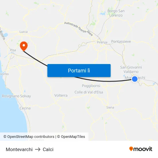 Montevarchi to Calci map
