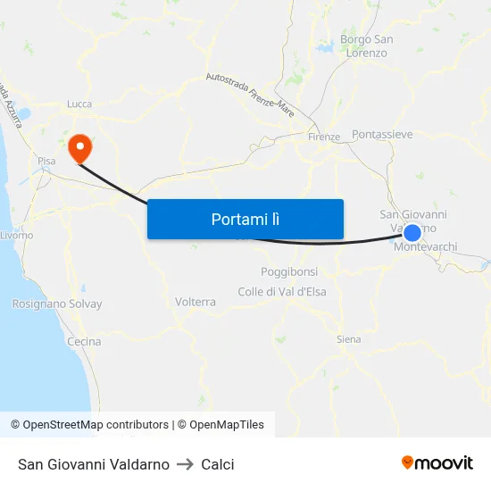 San Giovanni Valdarno to Calci map