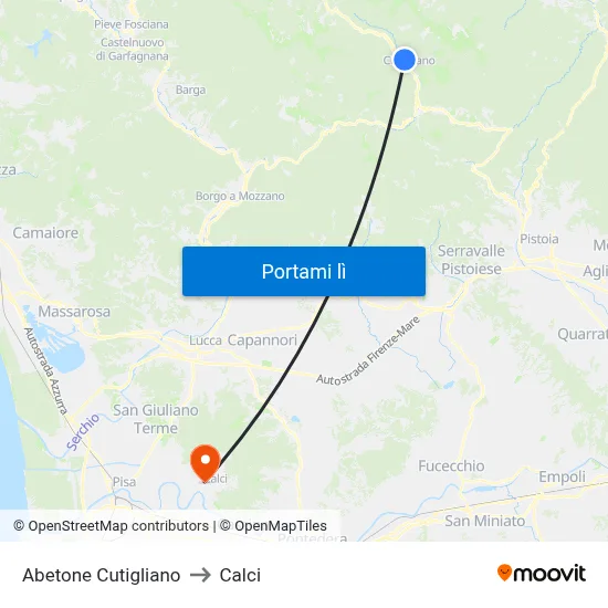 Abetone Cutigliano to Calci map