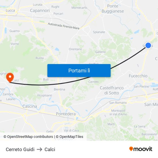Cerreto Guidi to Calci map