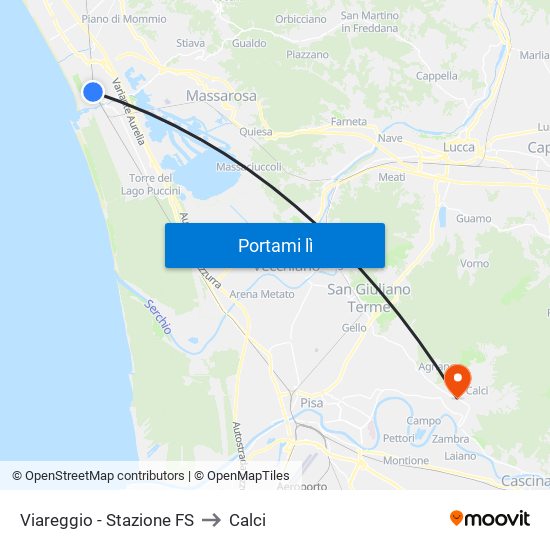 Viareggio Stazione FS to Calci map