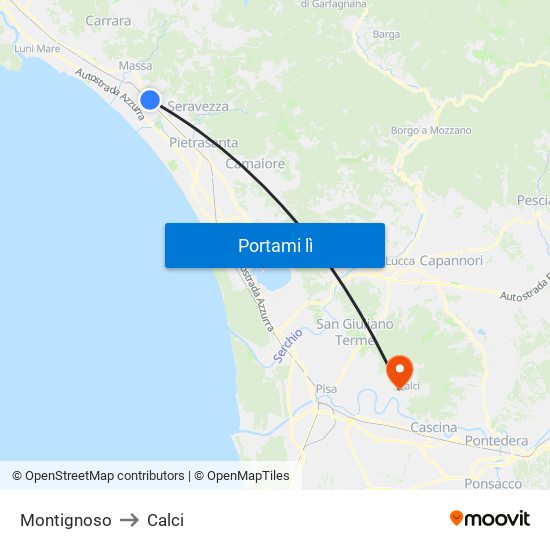 Montignoso to Calci map