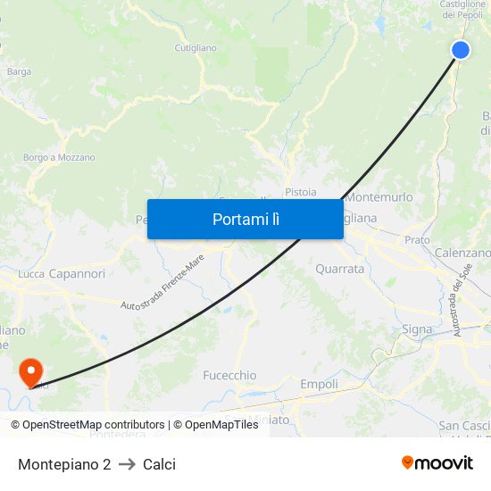 Montepiano 2 to Calci map