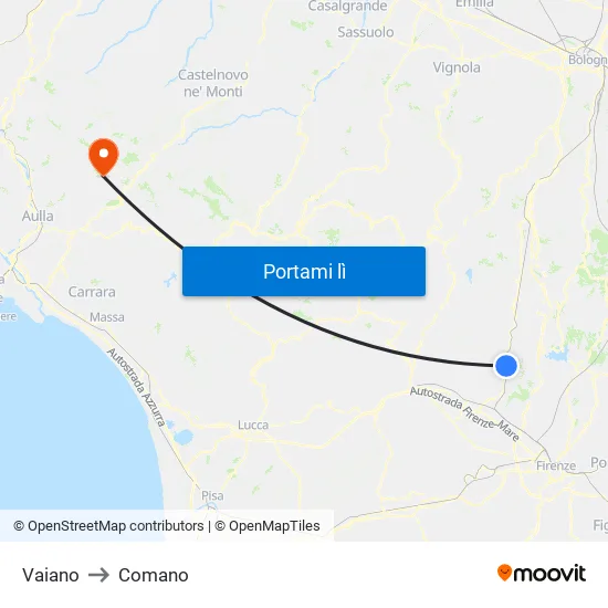 Vaiano to Comano map