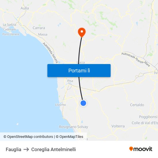 Fauglia to Coreglia Antelminelli map