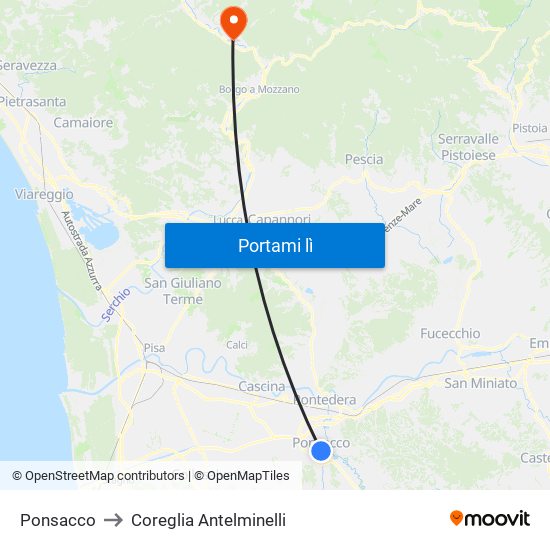 Ponsacco to Coreglia Antelminelli map