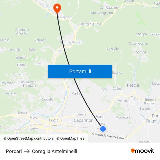 Porcari to Coreglia Antelminelli map