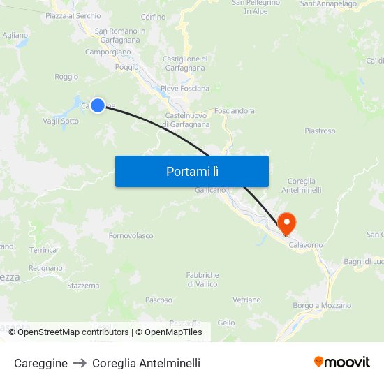 Careggine to Coreglia Antelminelli map