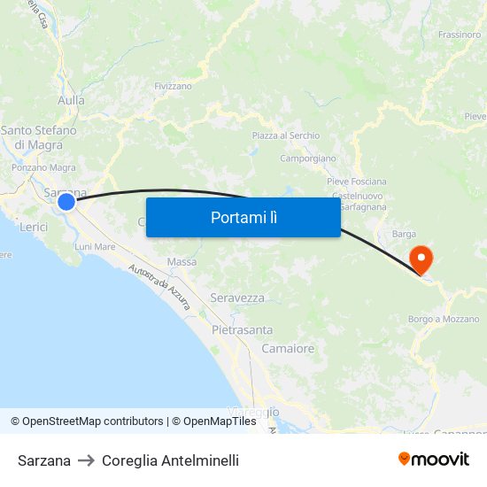 Sarzana to Coreglia Antelminelli map