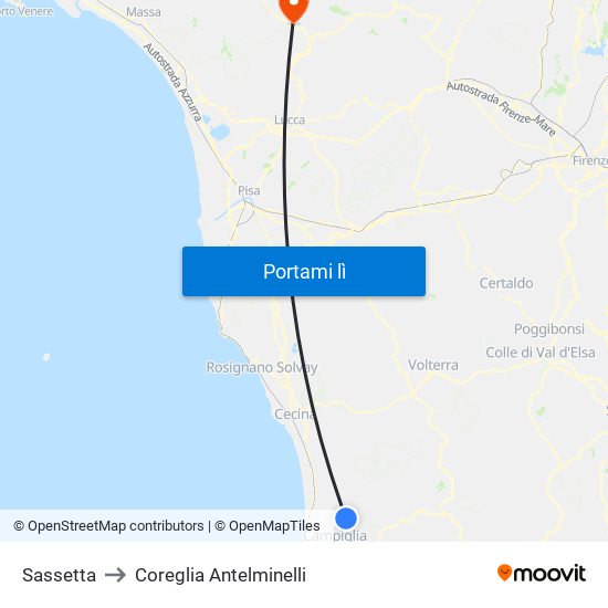Sassetta to Coreglia Antelminelli map
