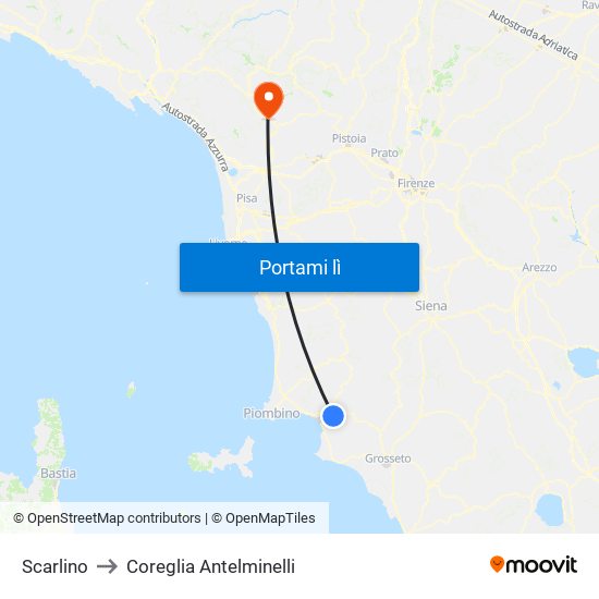 Scarlino to Coreglia Antelminelli map