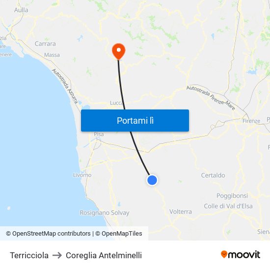 Terricciola to Coreglia Antelminelli map