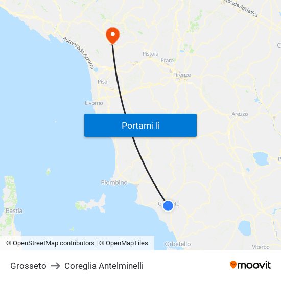 Grosseto to Coreglia Antelminelli map