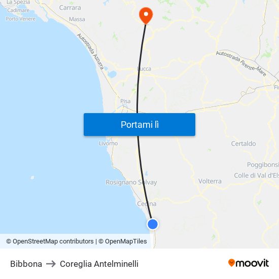 Bibbona to Coreglia Antelminelli map