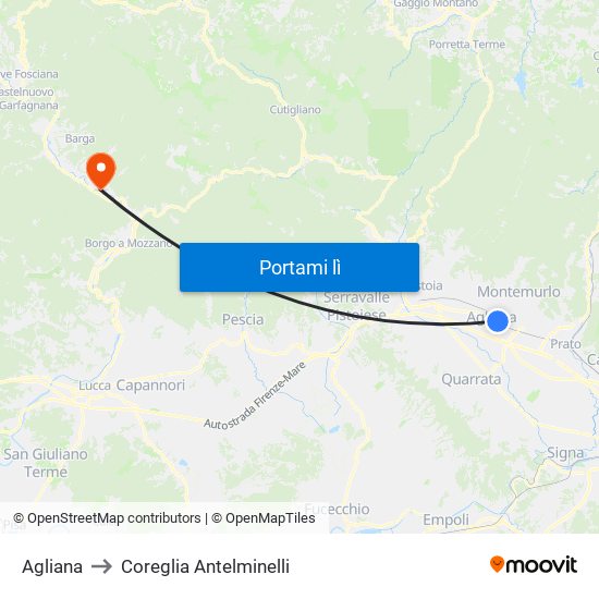 Agliana to Coreglia Antelminelli map