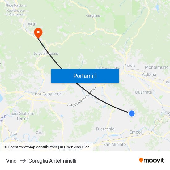Vinci to Coreglia Antelminelli map