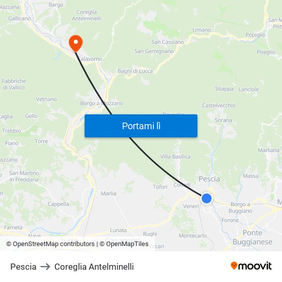 Pescia to Coreglia Antelminelli map