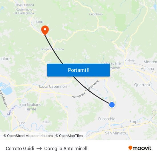 Cerreto Guidi to Coreglia Antelminelli map