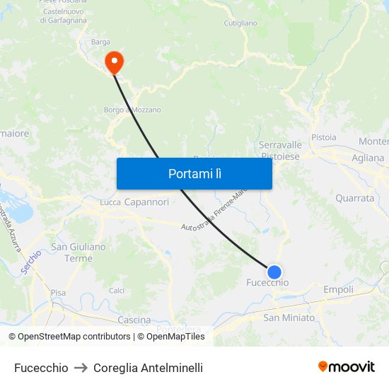 Fucecchio to Coreglia Antelminelli map