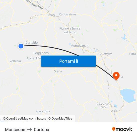 Montaione to Cortona map