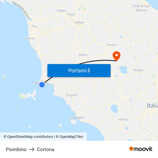 Piombino to Cortona map